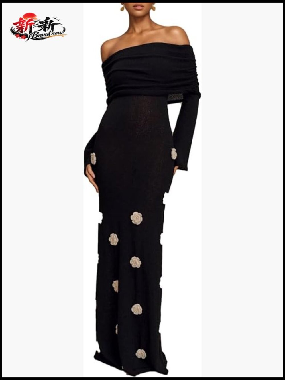 Off Shoulder Crochet Maxi Dress Bodycon Long Sleeve Stretchy Knit